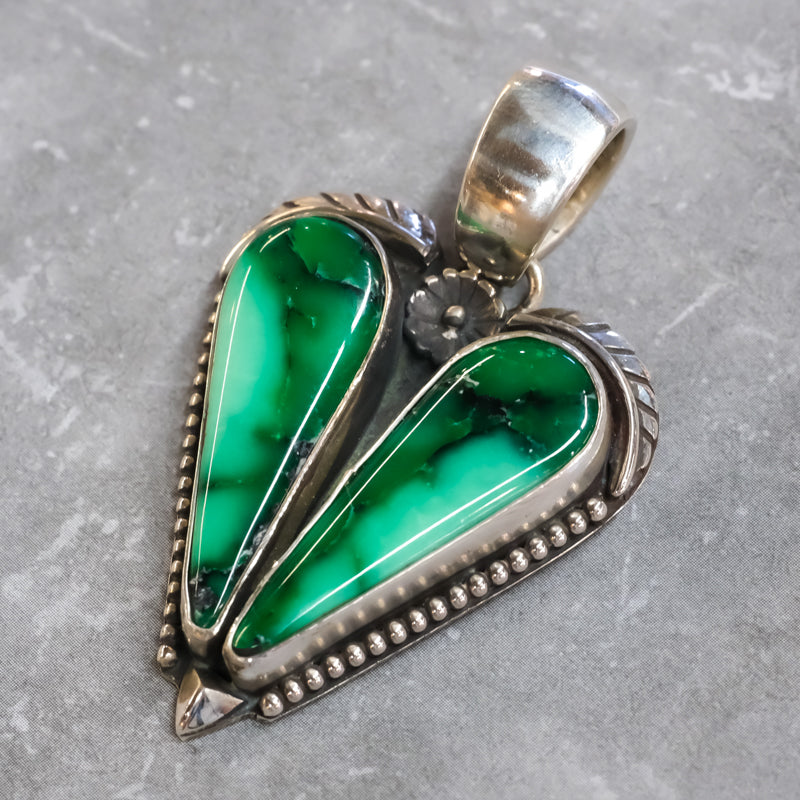 Emerald Rose Variscite Heart Pendant by Gary Glandon - Side Angle