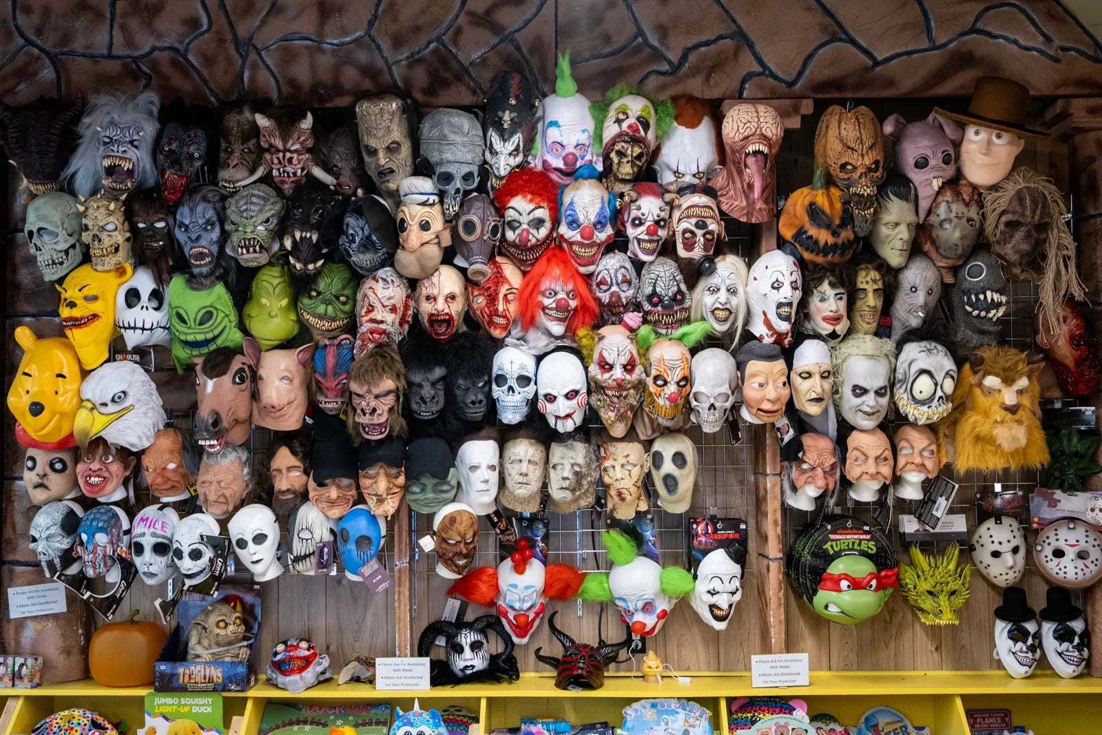 The Halloween mask wall inside Stagecoach in Kearney