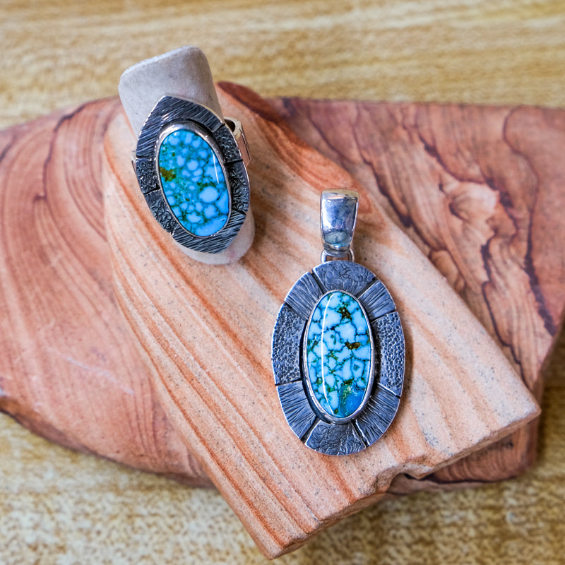 Gary Glandon Textured Turquoise Ring and Pendant