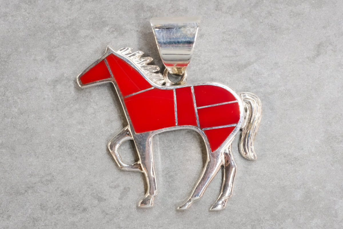 David Rosales Rosarita Horse Pendant with red Rosarita inlay and silver mane and tail