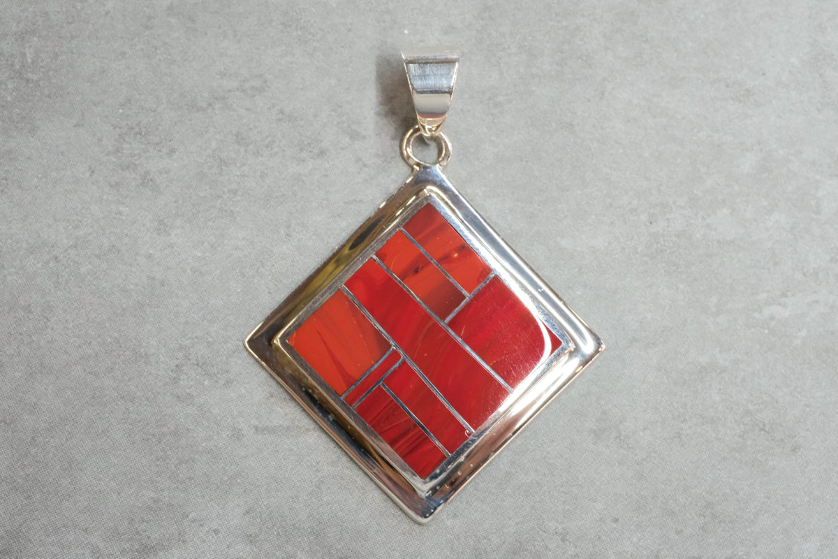 David Rosales Square Pendant with red Rosarita inlay and polished sterling silver frame, handcrafted Native American Jewelry