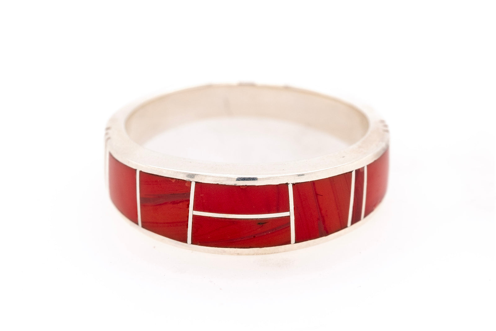David Rosales band ring with sterling silver band and red Rosarita inlay, handcrafted Native American Jewelry.