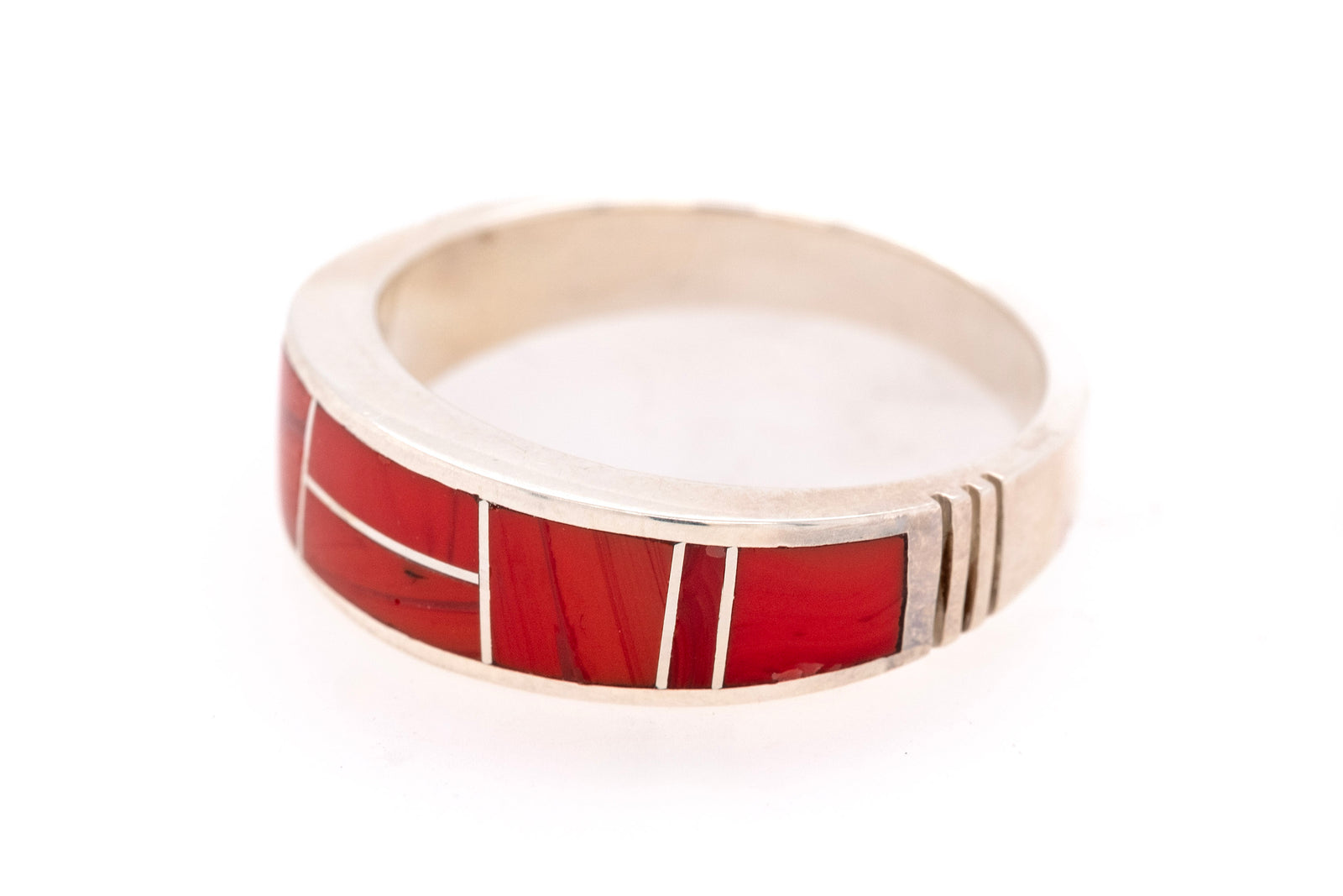 David Rosales band ring with sterling silver band and red Rosarita inlay, handcrafted Native American Jewelry.