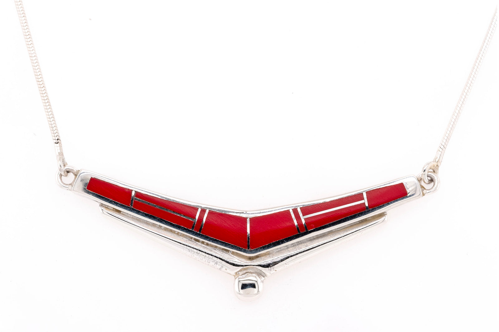 David Rosales Bar Necklace with red Rosarita inlaid in sterling silver V-shaped bar