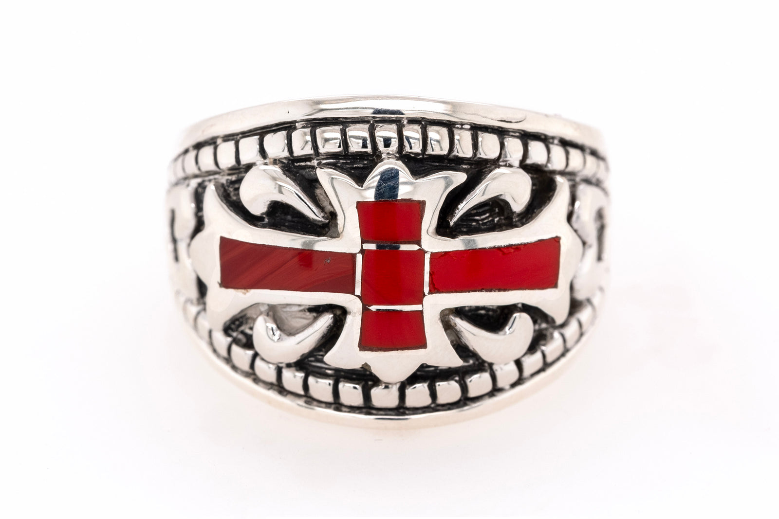 David Rosales men's ring with red Rosarita cross inlay and heart-shaped sterling silver accents