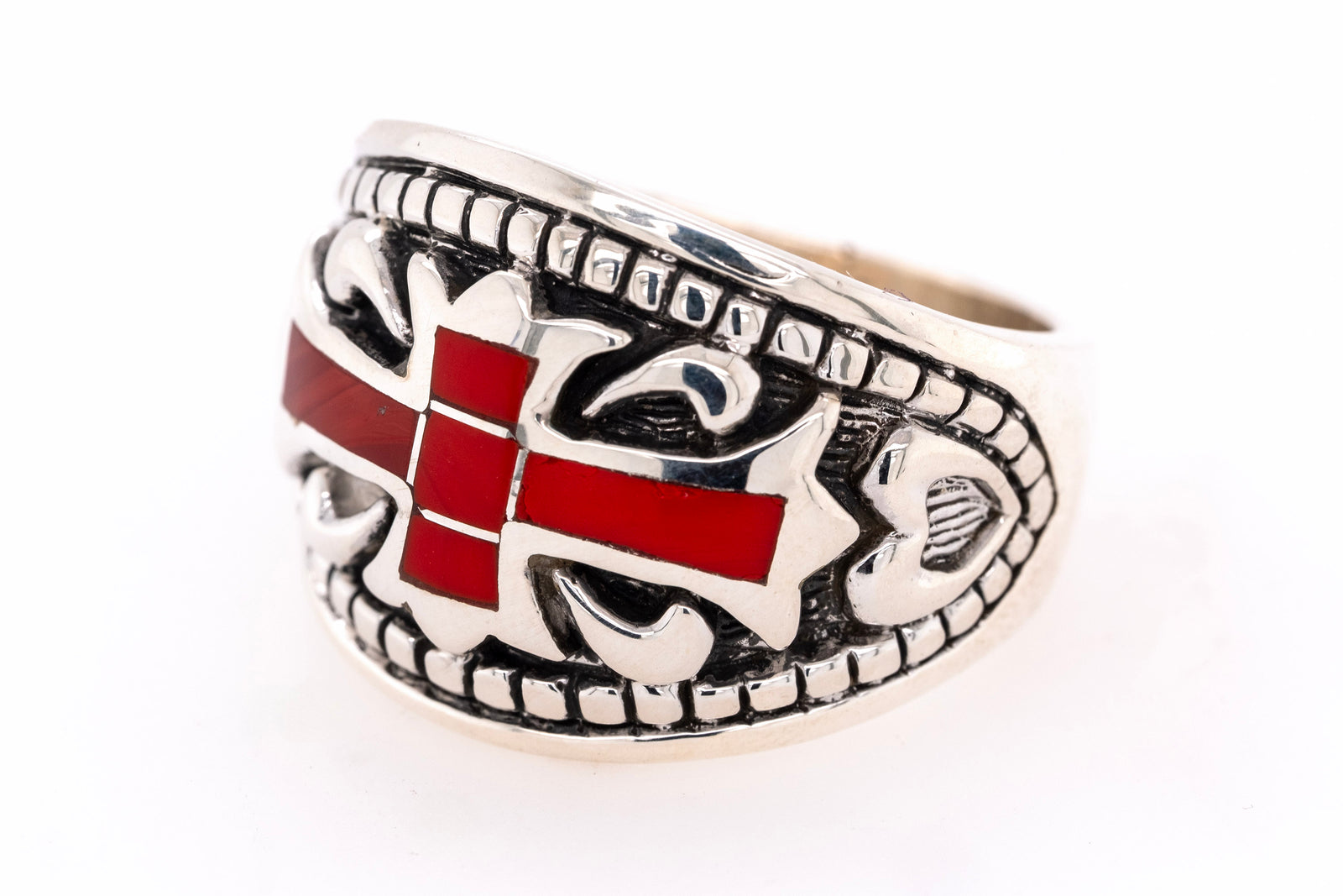 David Rosales men's ring with red Rosarita cross inlay and heart-shaped sterling silver accents