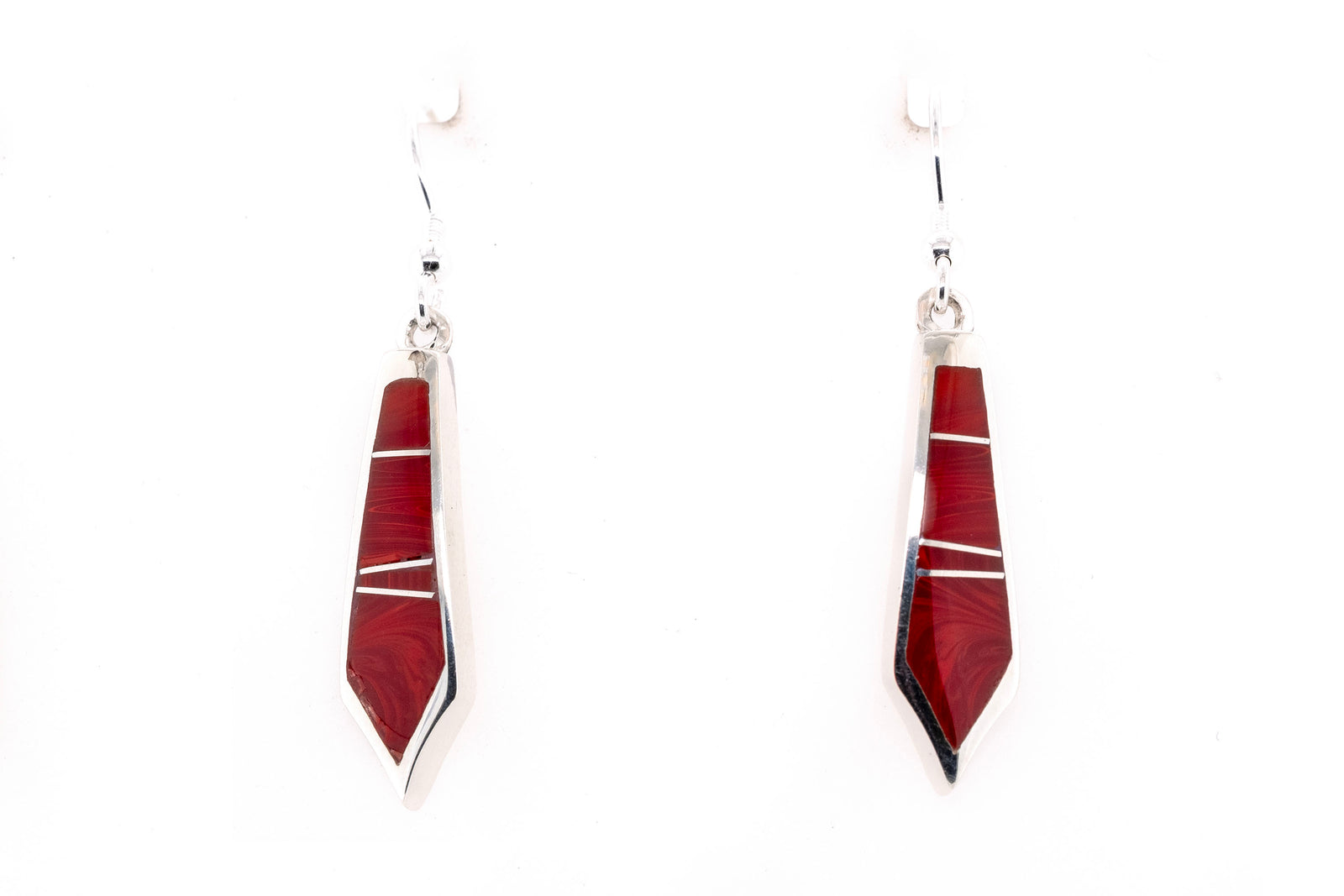 David Rosales Flame Earrings with tapered red Rosarita inlay in sterling silver, handcrafted Native American Jewelry