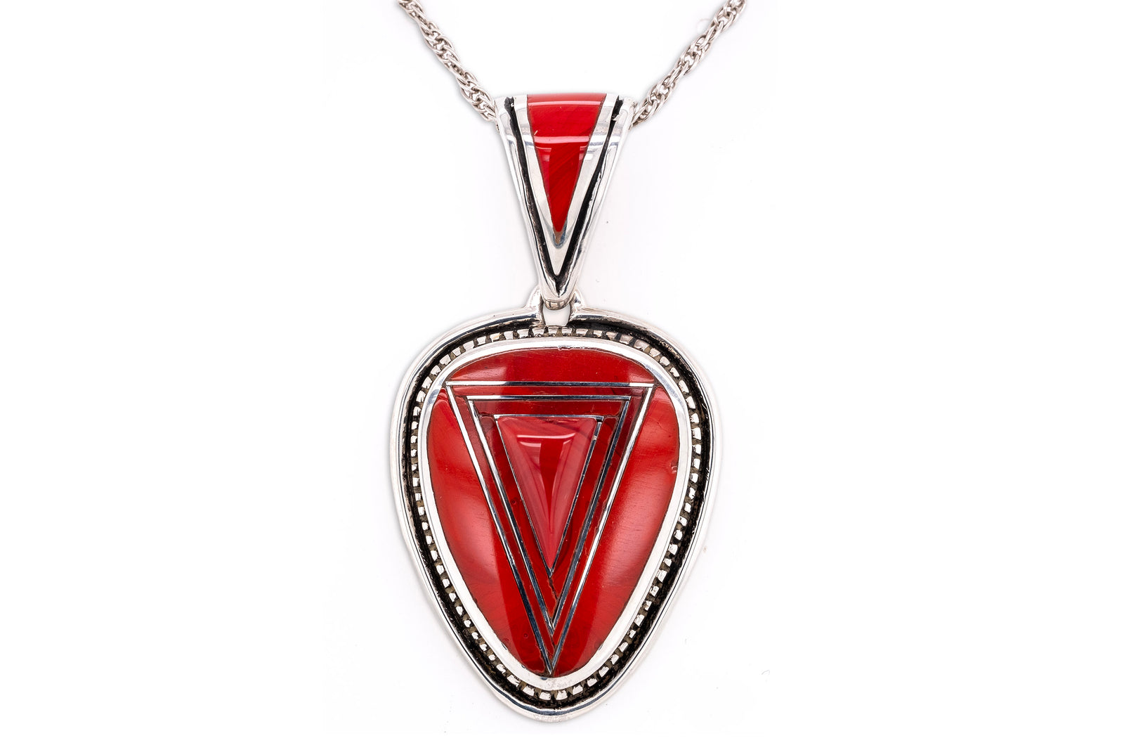 David Rosales Guitar Pick Pendant with Rosarita inlay, raised triangular center, and inlaid bail