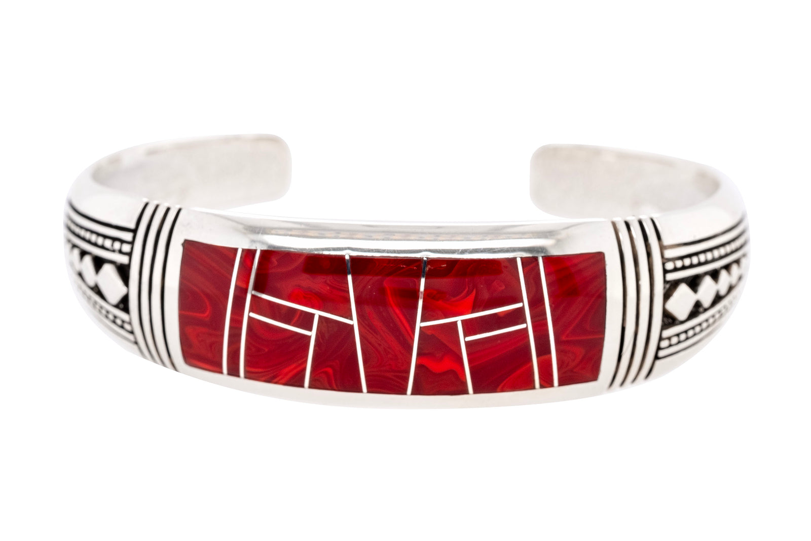 David Rosales Cuff Bracelet with red Rosarita inlay featuring swirling patterns and sterling silver accents