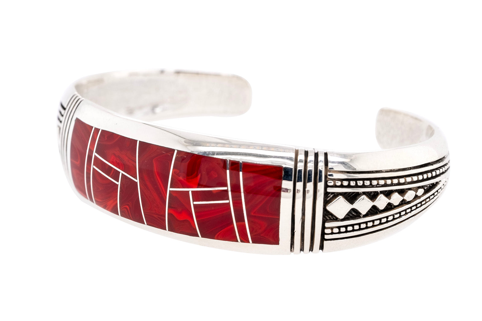 David Rosales Cuff Bracelet with red Rosarita inlay featuring swirling patterns and sterling silver accents
