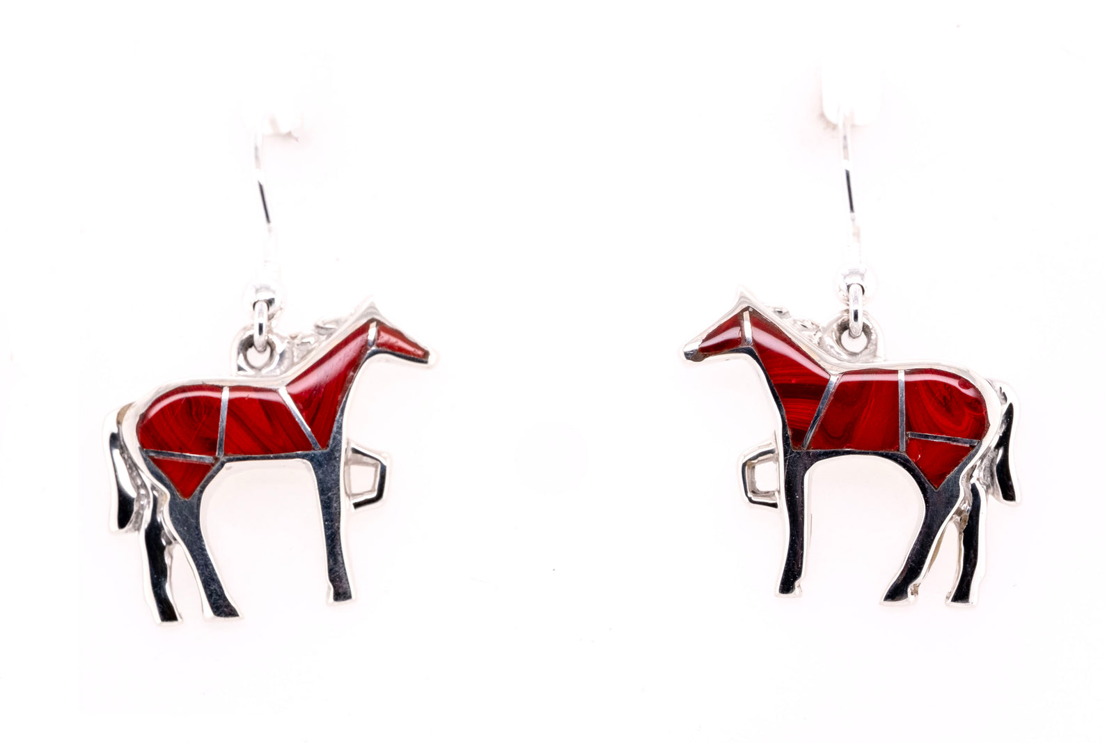 David Rosales Horse Earrings with red Rosarita inlay and sterling silver horse design