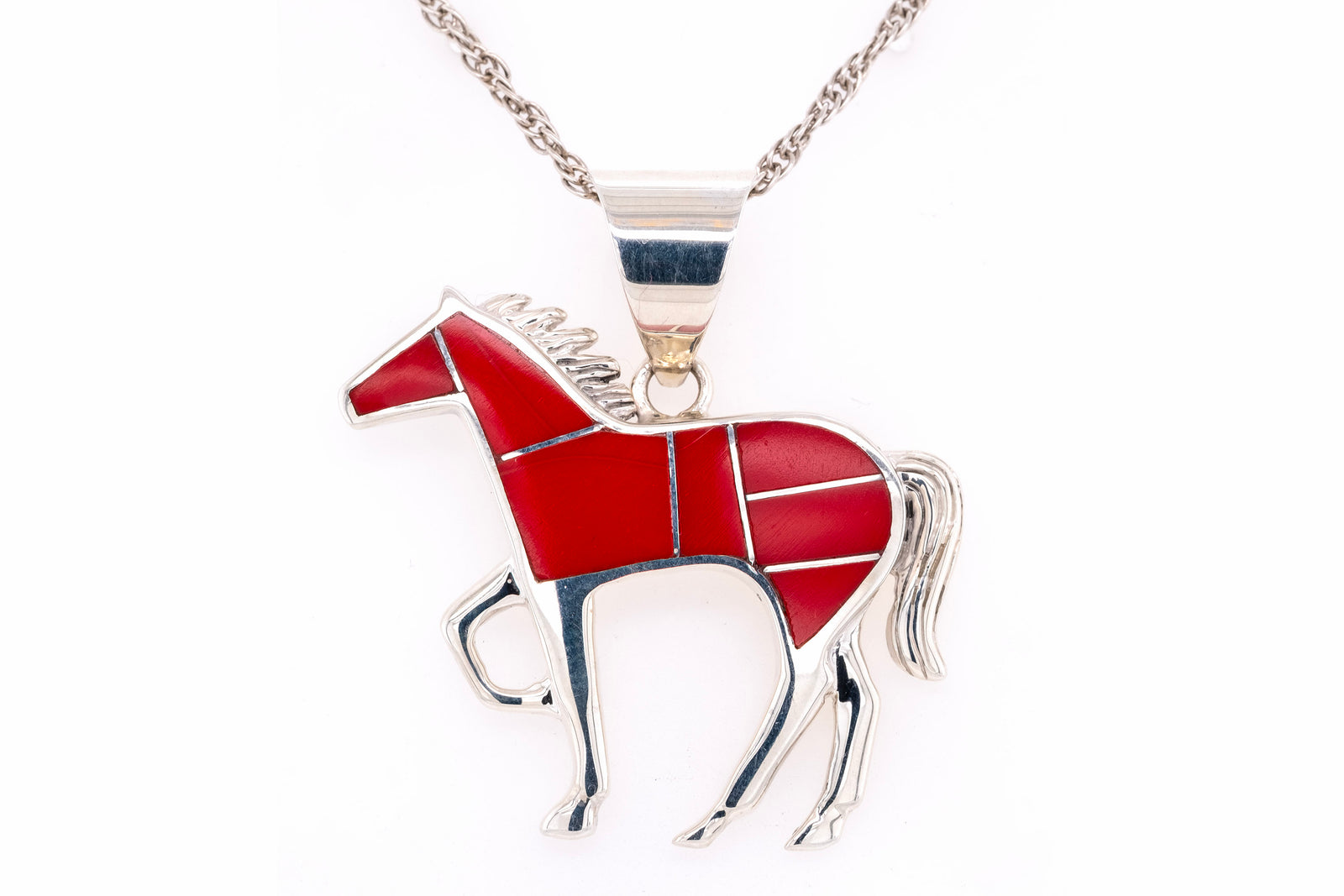 David Rosales Rosarita Horse Pendant with red Rosarita inlay and silver mane and tail