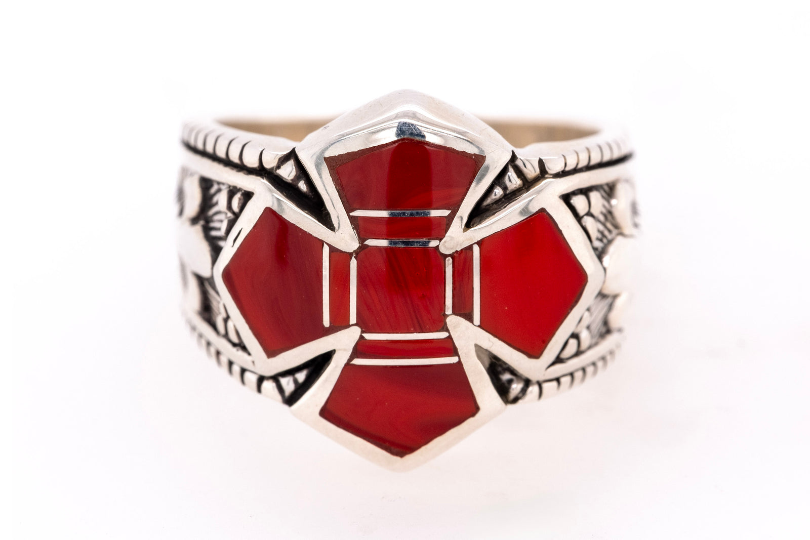 David Rosales Rosarita Ring for men with red Rosarita inlay and fleur-de-lis silver accents.