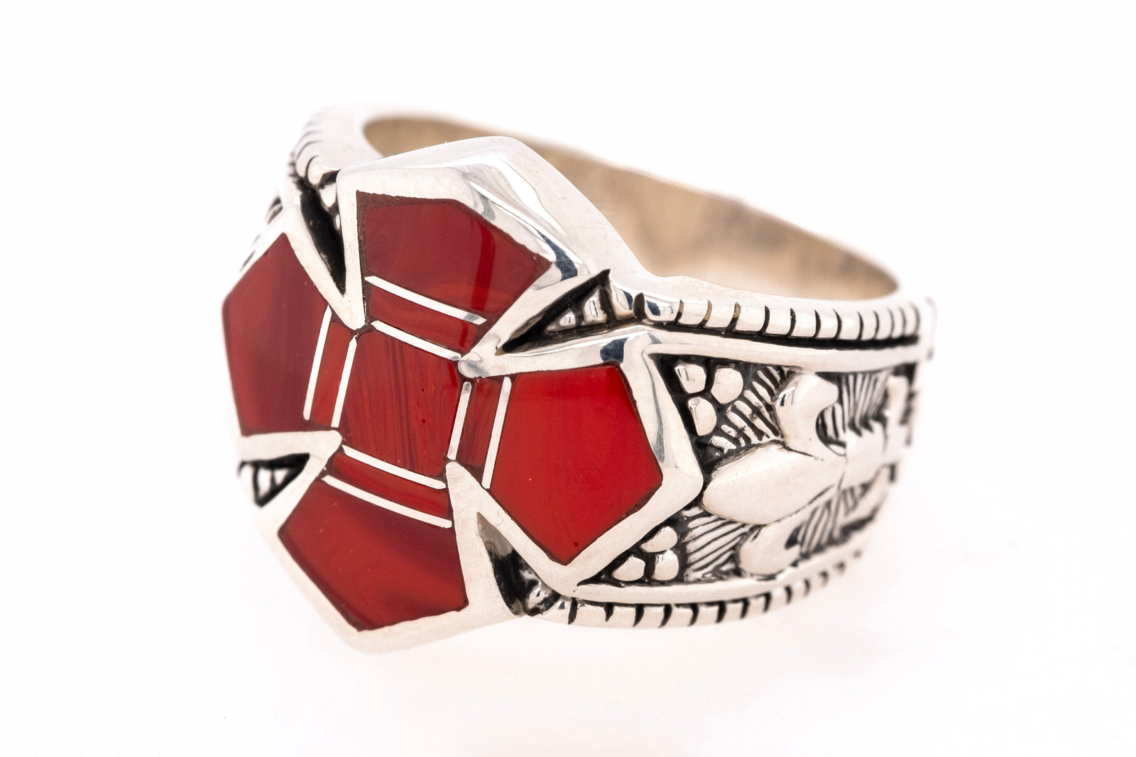 David Rosales Rosarita Ring for men with red Rosarita inlay and fleur-de-lis silver accents.