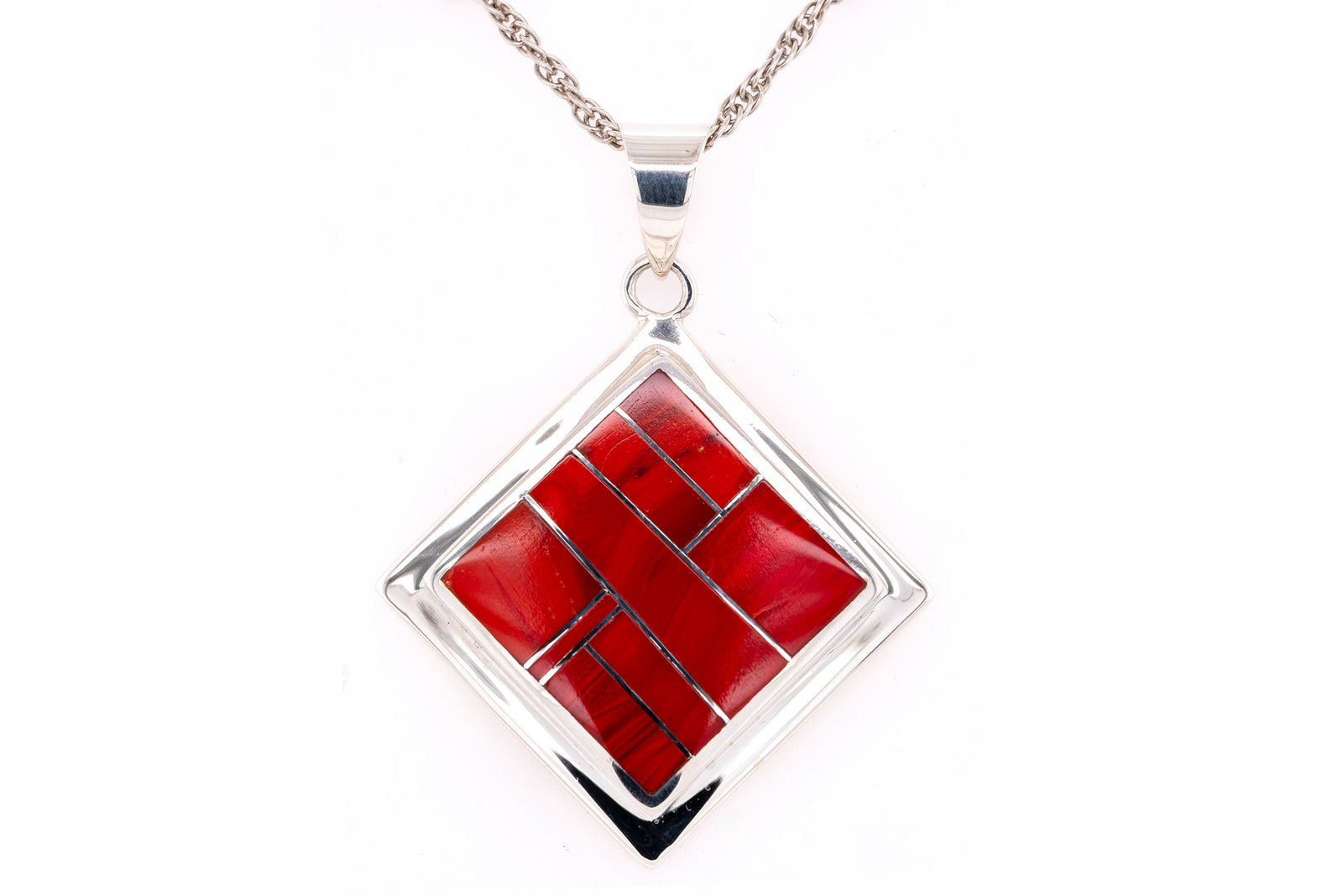 David Rosales Square Pendant with red Rosarita inlay and polished sterling silver frame, handcrafted Native American Jewelry