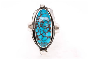 A sterling silver ring featuring a large, oval-shaped turquoise stone with a distinctive dark brown matrix pattern, set against a plain white background.