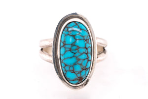 A silver ring featuring a large oval turquoise cabochon with a distinctive dark brown matrix pattern, set against a plain white background.