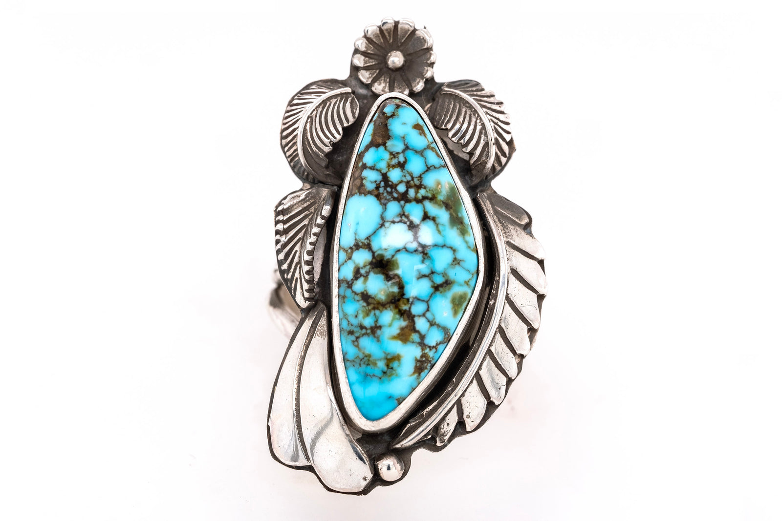 Handmade sterling silver ring with Kingman Turquoise stone, silver flower and leaf design by Gary Glandon