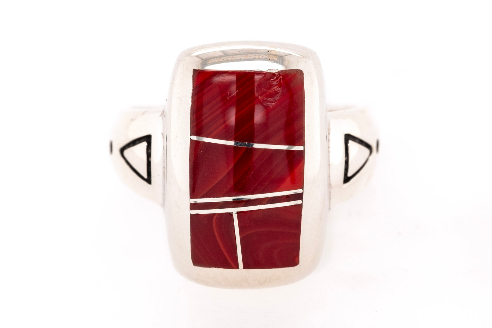 Rectangular Rosarita Ring by David Rosales with deep red Rosarita inlaid in sterling silver with geometric side accents