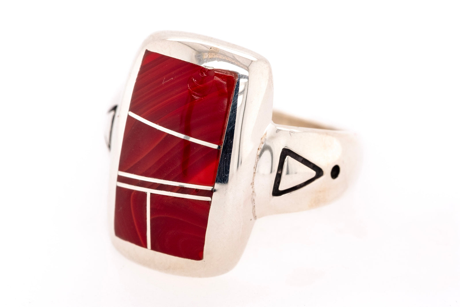 Rectangular Rosarita Ring by David Rosales with deep red Rosarita inlaid in sterling silver with geometric side accents