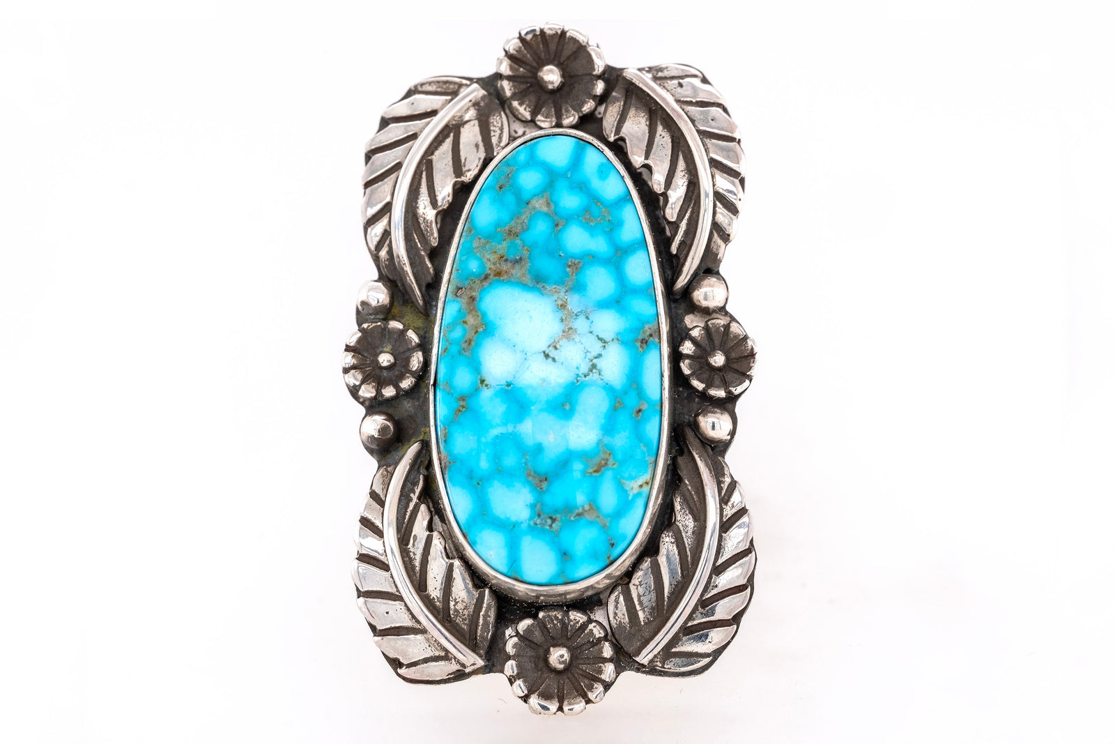 Handmade Turquoise Leaf Ring with water web Kingman Turquoise stone