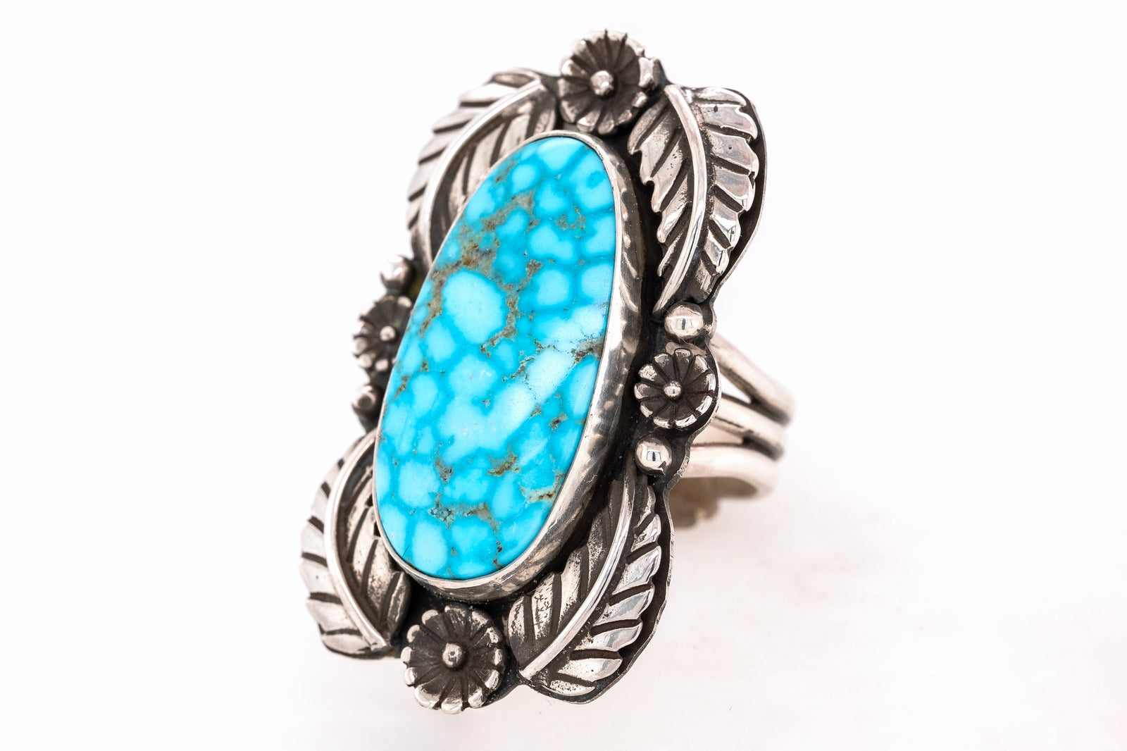 Handmade Turquoise Leaf Ring with water web Kingman Turquoise stone