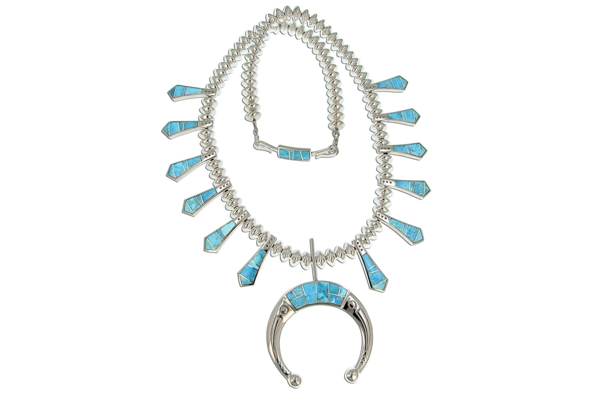 Native American Jewelry - David Rosales Inlaid Turquoise Squash Blossom Necklace