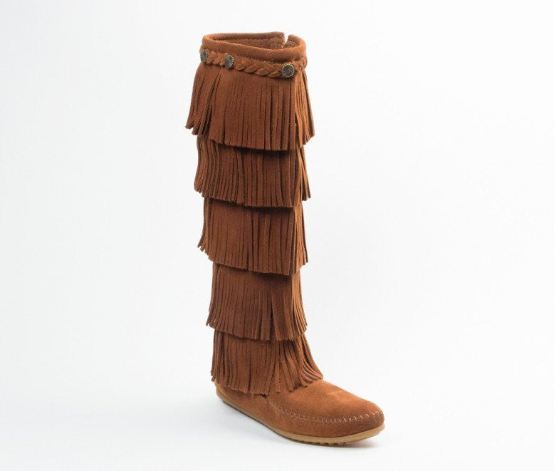 Moccasin - 5-Layer Fringe Boot With Rubber Sole By Minnetonka Moccasins